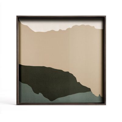 Ethnicraft Tray Tablett für quadratischen Couchtisch mit abstraktem Landschaftsmuster in Beige, Grün und Braun.